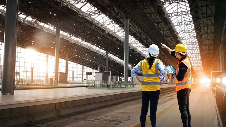 Engineers technician team checkup and analyzing an unfinished on railway station construction project with software and blueprint, Design and plan construction, Teamwork.
