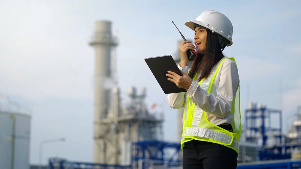Woman with hard hat in high vis vest talking on a walkie talking at a plant