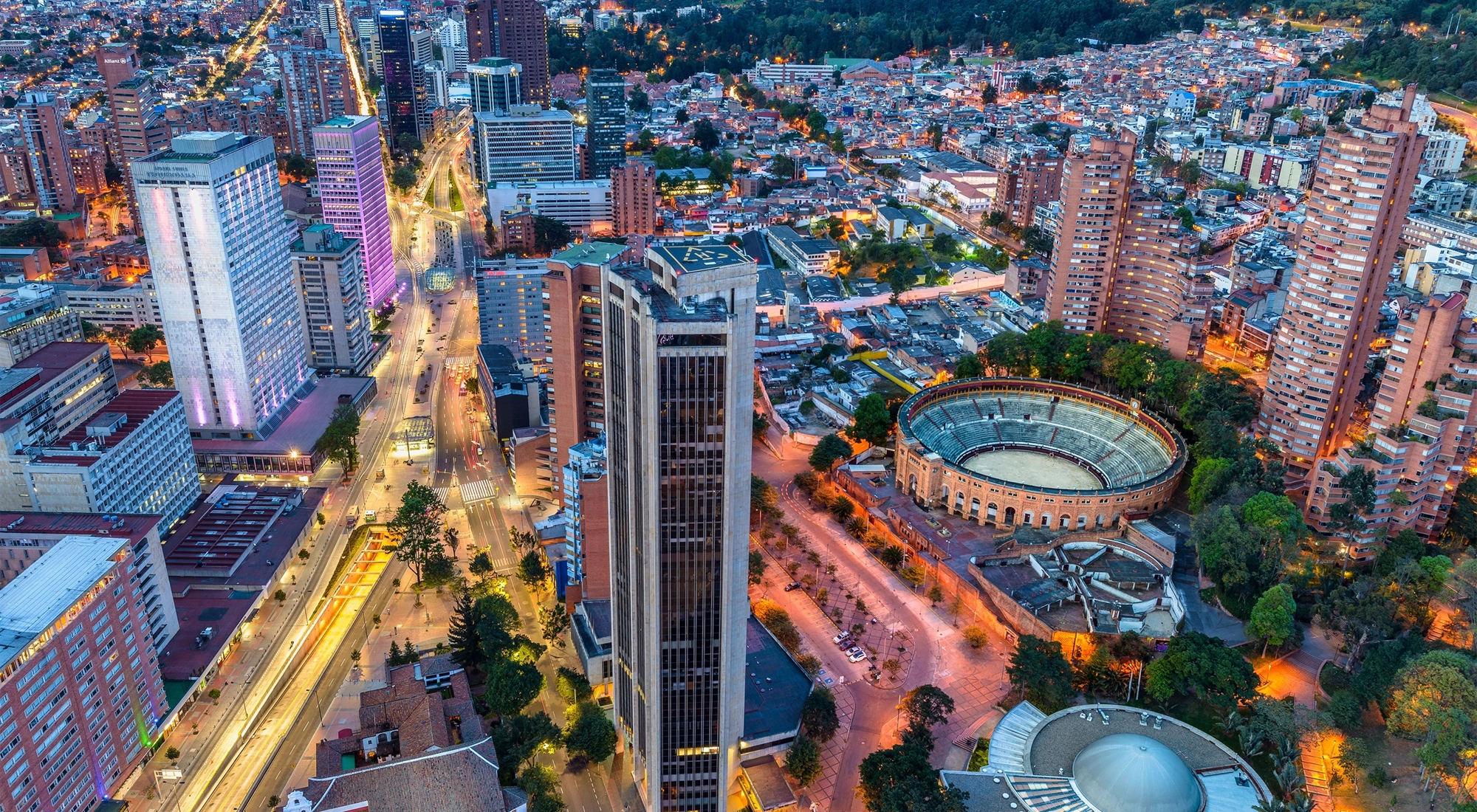 An aerial view of modern Bogota cityscape in Colombia in the afternoon