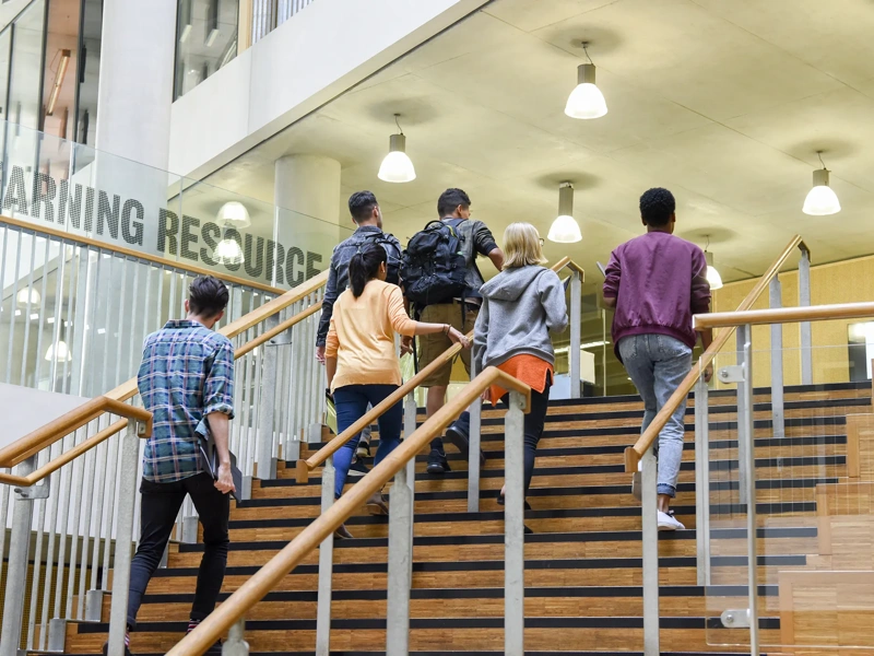 Male and female college students in casual clothing, on way to class, ascending staircase