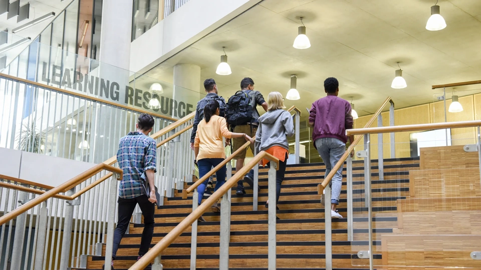 Male and female college students in casual clothing, on way to class, ascending staircase