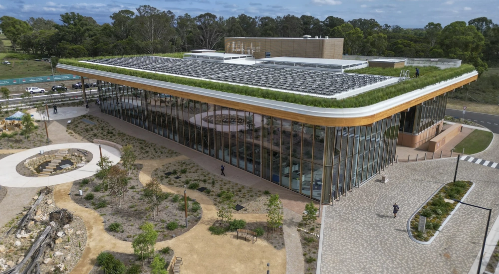BDA first building with green grass on roof and glass windows.