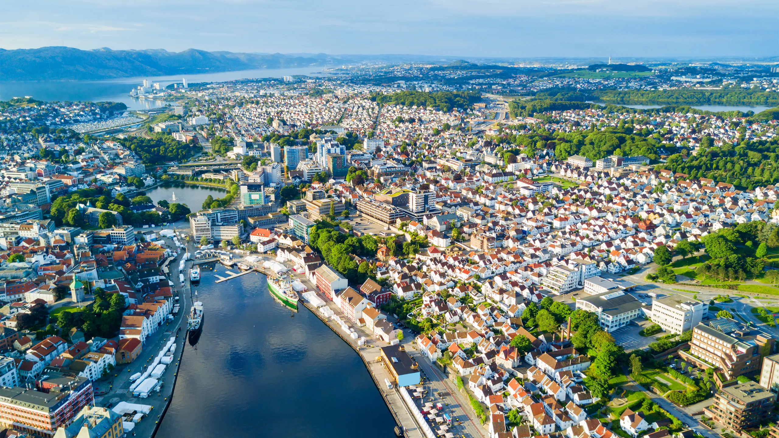 Vague old town aerial panoramic view in Stavanger, Norway. 